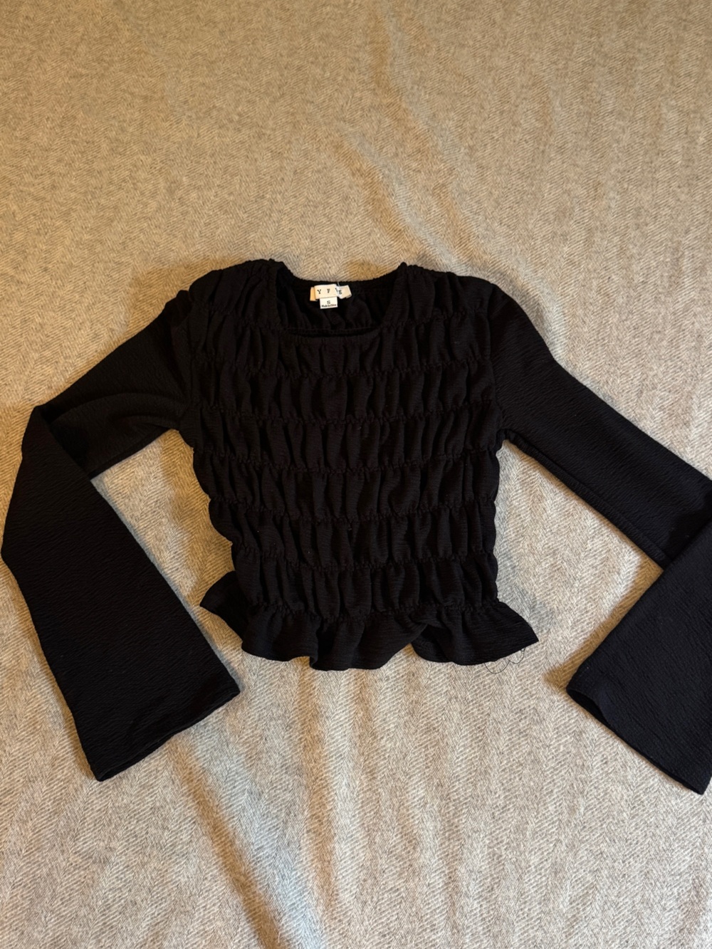 Smocked Ruffle Hem Long-Sleeve Blouse — Black